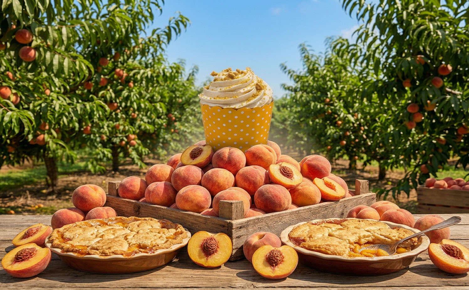 Cupcake of the Month: A white frosted cupcake in an orange polka dot wrapper topped with buttery streusel, surrounded by fresh peaches in a wicker basket against a sunny peach orchard backdrop.
